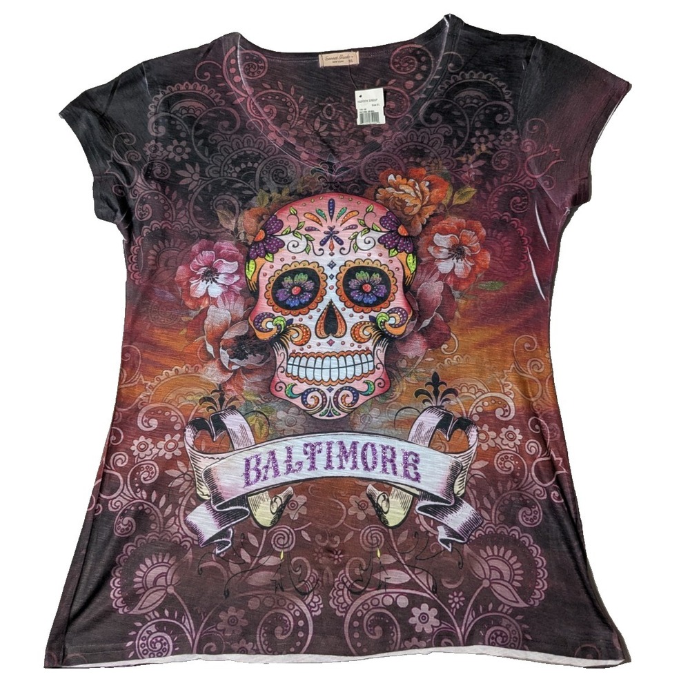 SWEET GISELE‎ SUGAR SKULL BALTIMORE RHINESTONE Women XL Dark Floral Shirt NEW